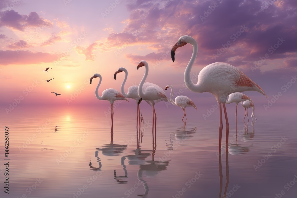 Naklejka premium A Vibrant Group of Flamingos Wading Gracefully in the Shimmering Waters of a Beautiful Salt Lake