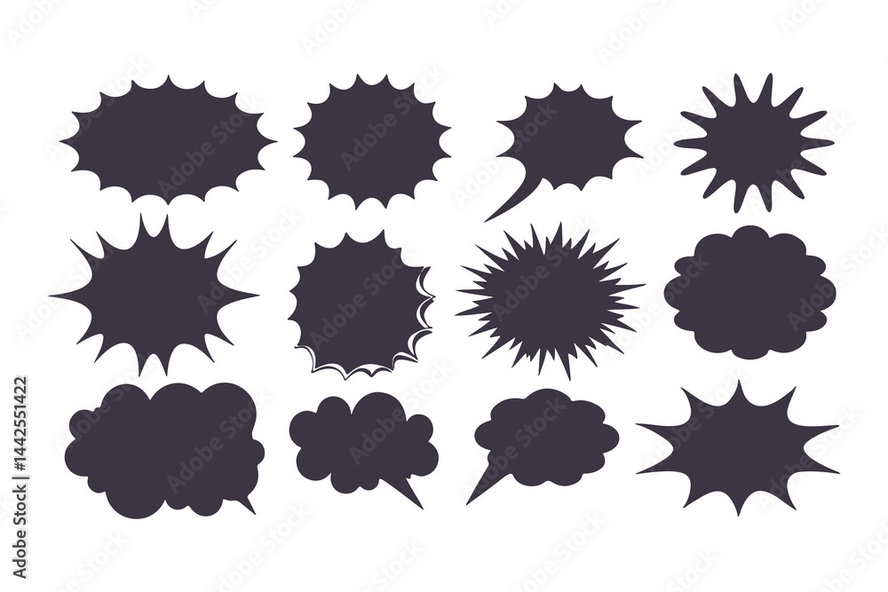 Black Comic Explosion and Speech Bubble Vector Shapes. Starburst Silhouettes for Graphic Design, Comic Book Art, Pop Art, and Digital Illustration. Black Comic Explosion and Speech Bubble Vector Shapes. Starburst Silhouettes for Graphic Design, Comic Book Art, Pop Art, and Digital Illustration.