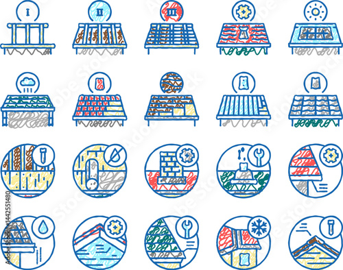 Roof Replacement Job set Icons hand drawn