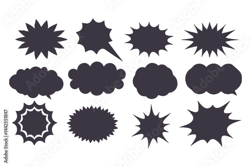 Black Comic Explosion and Speech Bubble Vector Shapes. Starburst Silhouettes for Graphic Design, Comic Book Art, Pop Art, and Digital Illustration.