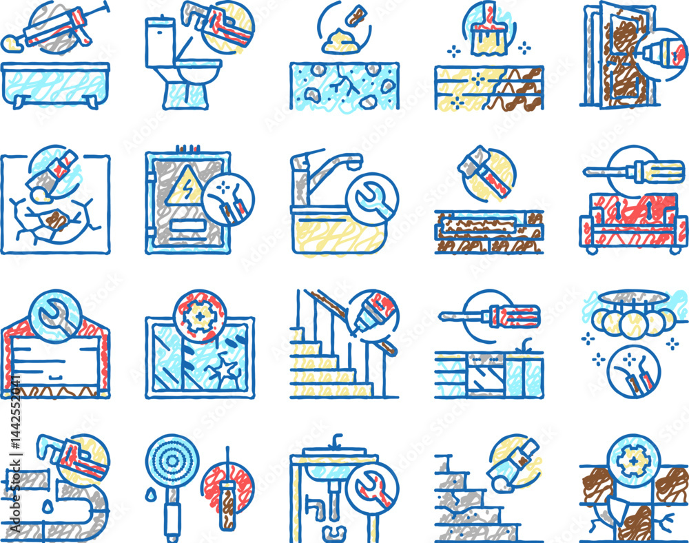 Naklejka premium Home Repair Occupation set Icons hand drawn