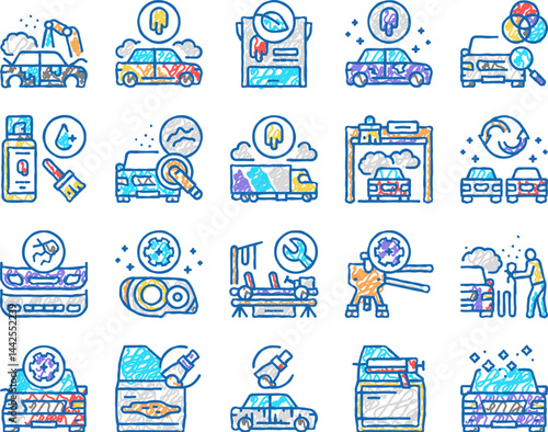 Car Painting Service set Icons hand drawn