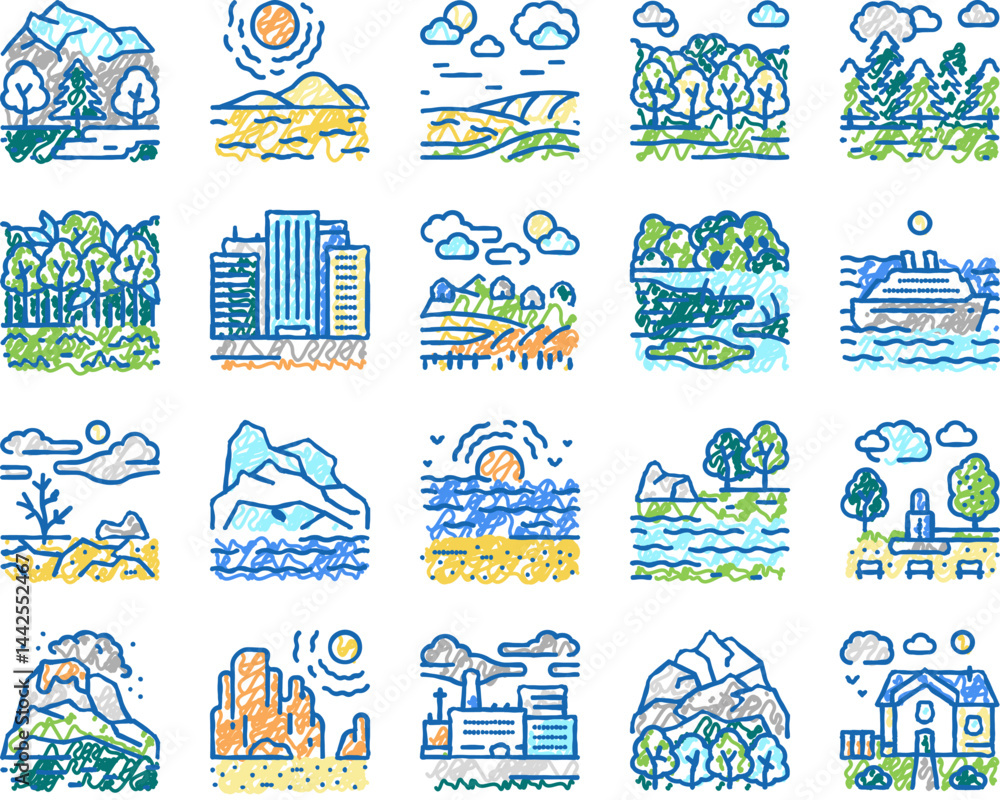 Fototapeta premium Land Scape Nature set Icons hand drawn