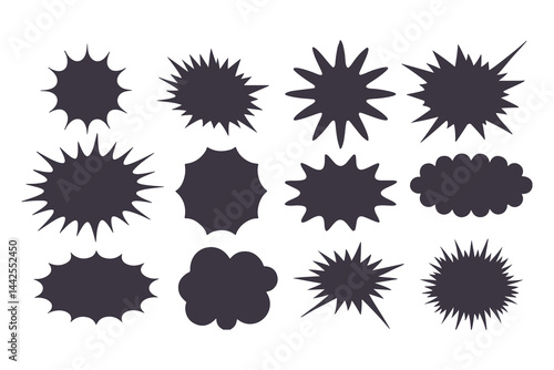 Black Comic Explosion and Speech Bubble Vector Shapes. Starburst Silhouettes for Graphic Design, Comic Book Art, Pop Art, and Digital Illustration.