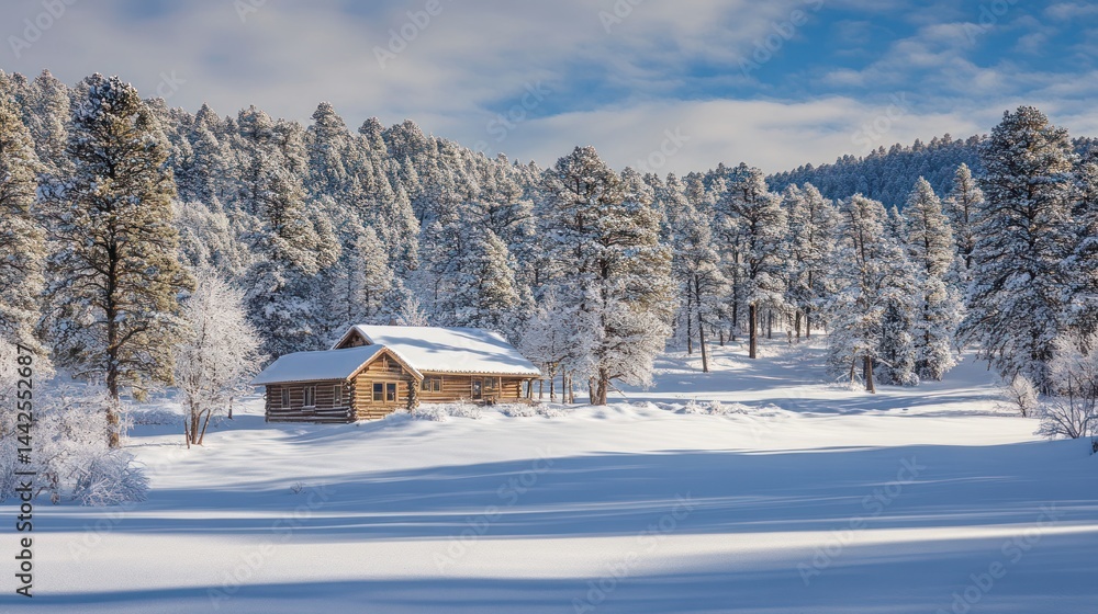 A cozy cabin nestled in a snowy forest, bathed in sunlight.