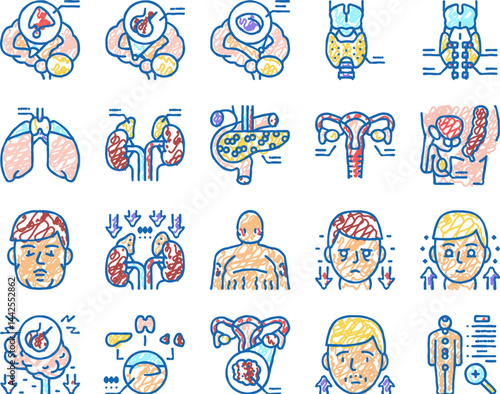 Endocrinology Medical Disease Icons hand drawn