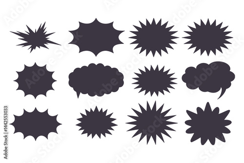 Black Comic Explosion and Speech Bubble Vector Shapes. Starburst Silhouettes for Graphic Design, Comic Book Art, Pop Art, and Digital Illustration.