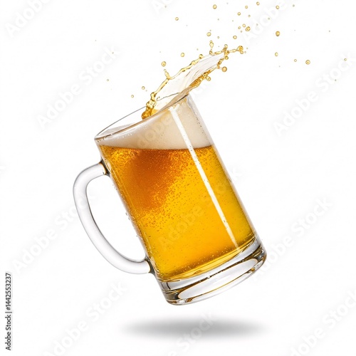 Beer glass falling, spilling the drink and creating splashes, isolated on white background