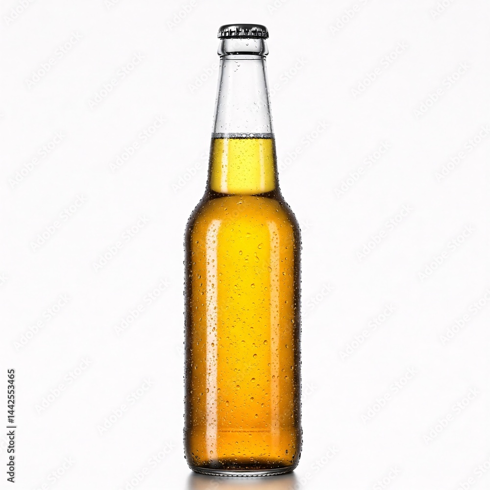 Glass bottle with golden beverage covered in condensation droplets, isolated on white background Glass bottle with golden beverage covered in condensation droplets, isolated on white background