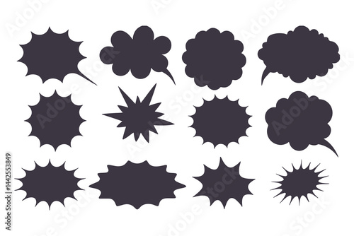 Black Comic Explosion and Speech Bubble Vector Shapes. Starburst Silhouettes for Graphic Design, Comic Book Art, Pop Art, and Digital Illustration.