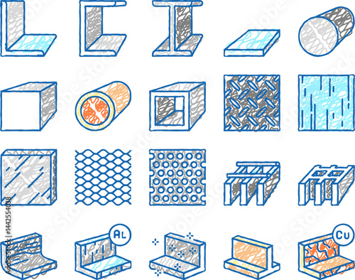 Metal Material Construction Beam Icons hand drawn