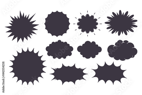Black Comic Explosion and Speech Bubble Vector Shapes. Starburst Silhouettes for Graphic Design, Comic Book Art, Pop Art, and Digital Illustration.