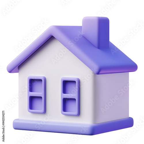 3D house icon with purple roof and window for home button UI, real estate platforms, and smart home applications