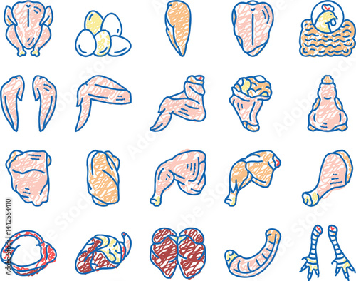 Chicken Animal Farm Raw Meat Food Icons hand drawn