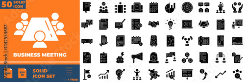 Business Meeting Solid Editable Icons set. Vector illustration in modern thin solid style of busines meeting icons: health, research, organs, etc