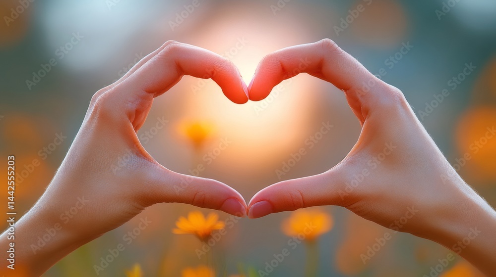 Obraz premium Woman making heart shape with hands at sunset