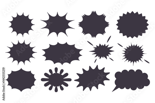 Black Comic Explosion and Speech Bubble Vector Shapes. Starburst Silhouettes for Graphic Design, Comic Book Art, Pop Art, and Digital Illustration.