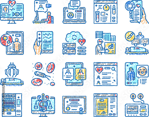 Telehealth Medicine Treatment Icons hand drawn