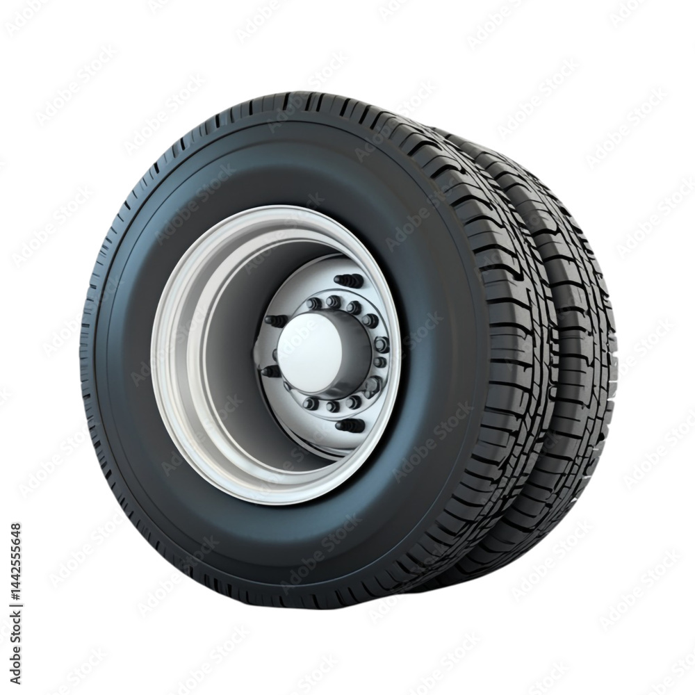 Fototapeta premium Closeup of a large black tire and silver wheel with lug nuts