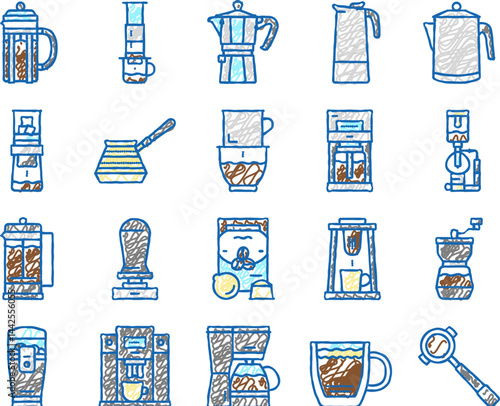 Coffee Make Machine And Accessory Icons hand drawn