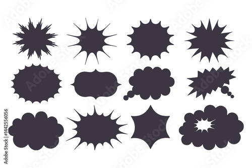 Black Comic Explosion and Speech Bubble Vector Shapes. Starburst Silhouettes for Graphic Design, Comic Book Art, Pop Art, and Digital Illustration.