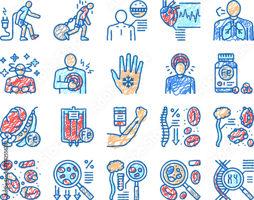 Anemia Patient Health Problem Icons hand drawn