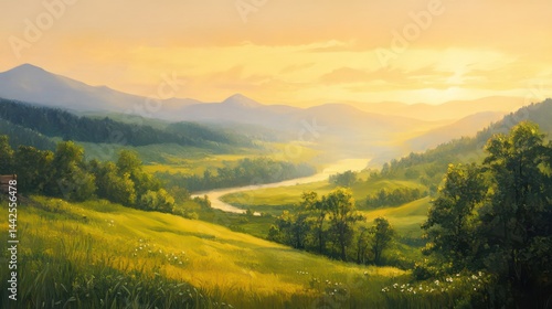 Golden valley unfolds beneath misty mountains