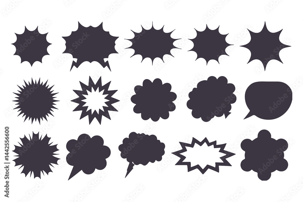 Black Comic Explosion and Speech Bubble Vector Shapes. Starburst Silhouettes for Graphic Design, Comic Book Art, Pop Art, and Digital Illustration. Black Comic Explosion and Speech Bubble Vector Shapes. Starburst Silhouettes for Graphic Design, Comic Book Art, Pop Art, and Digital Illustration.