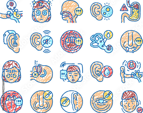 Otorhinolaryngology Treatment Icons hand drawn