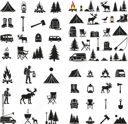 Silhouette camping and outdoor adventure icons set. travel, nature, hiking, bonfire, exploration. vector illustration