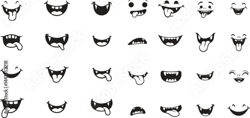 Cute cartoon mouths and smiles set. expressions, emoji, lips, emotion. vector illustration