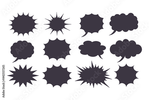 Black Comic Explosion and Speech Bubble Vector Shapes. Starburst Silhouettes for Graphic Design, Comic Book Art, Pop Art, and Digital Illustration.