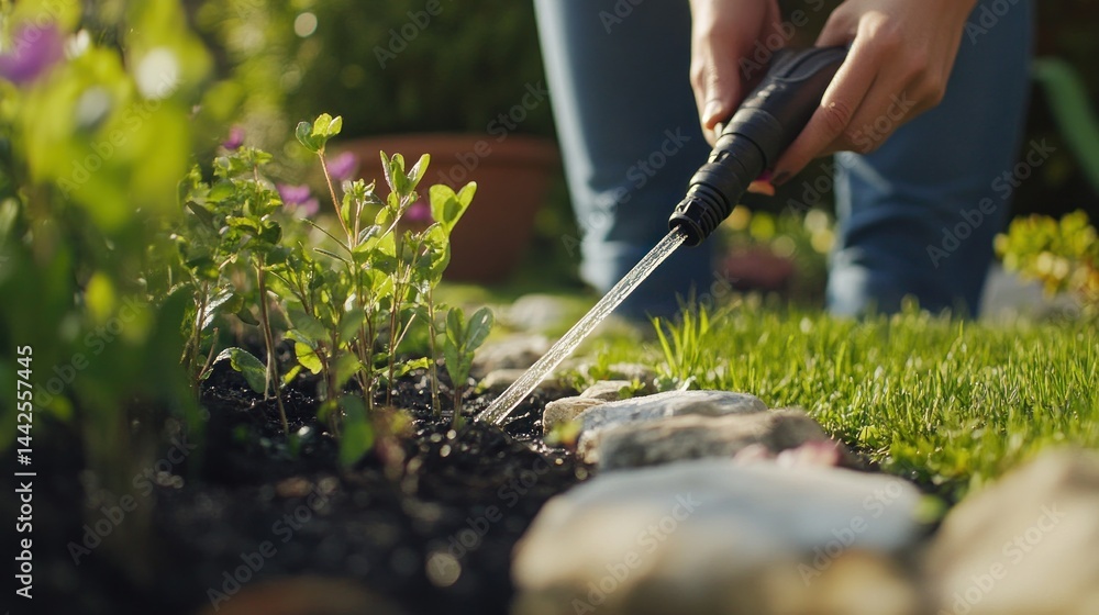 Naklejka premium Watering New Plants in a Lush Garden on a Bright Sunny Day