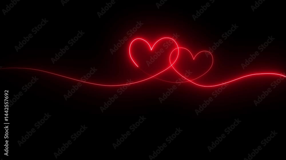 Red color neon glowing Two love hearts. Valentine's Day indicate. Love One line drawing concept . symbol valentine wedding Heart Particles Seamless Loop Animation on black background.. Red color neon glowing Two love hearts. Valentine's Day indicate. Love One line drawing concept . symbol valentine wedding Heart Particles Seamless Loop Animation on black background..