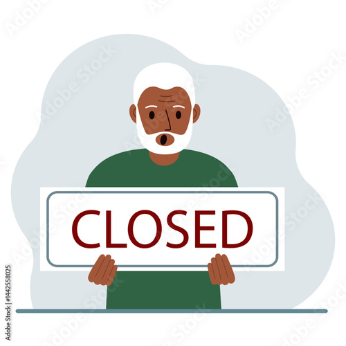 A man holds a sign with the text Closed in his hands. Vector flat illustration