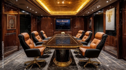 Luxurious conference room with rich dark wood paneling, opulent leather chairs, and a long mahogany table.  Golden accents and art add to the lavish interior