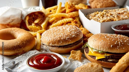 Close-up shot of various fast food items, including burgers and fries.