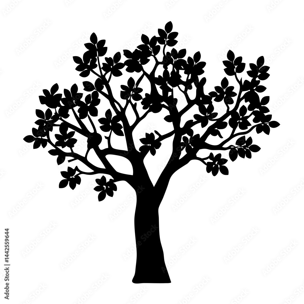 Black silhouette of leafy tree vector illustration for nature and outdoor designs and decoration Black silhouette of leafy tree vector illustration for nature and outdoor designs and decoration