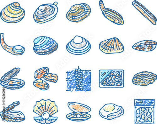 Clam Marine Sea Farm Nutrition Icons hand drawn