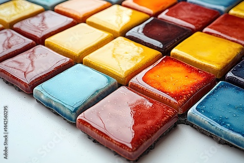 Vibrant colorful ceramic tiles in a geometric pattern with glossy finish highlighting modern interior design