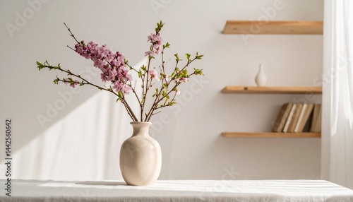 美しい花や植物を部屋に飾る、棚のある部屋