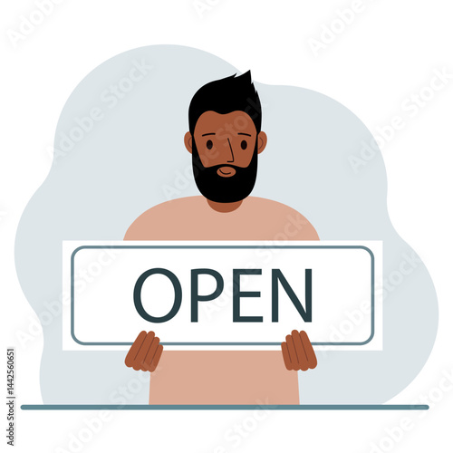 A man holds a board with the text OPEN in his hands. Advertising poster. Vector flat illustration