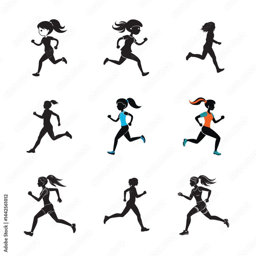 Obraz premium Running Girl Silhouettes Vector Pack – Female Jogger Icons for Fitness Design