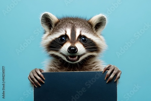 Wild model for product. Zoo-style cute setup. Cute baby animal raccoon hold in front paws a template - large dark black zoo sign. Isolated baby animal on a solid uniform blue background.