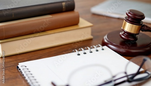 Justice Served: A symbol of justice is presented, with a gavel striking a sound block, accompanied by law books and notes, illustrating the fundamentals of the legal system.