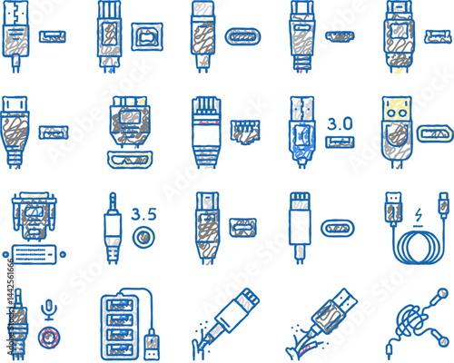 Usb Cable And Port Purchases Icons hand drawn