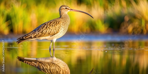 A curlew stands in shallow water with its long downcurved bill and long legs, partially submerged in the sea surface creating a reflective image , outdoors, wetland