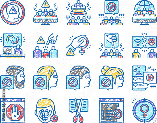 Cancel Culture And Discrimination Icons hand drawn