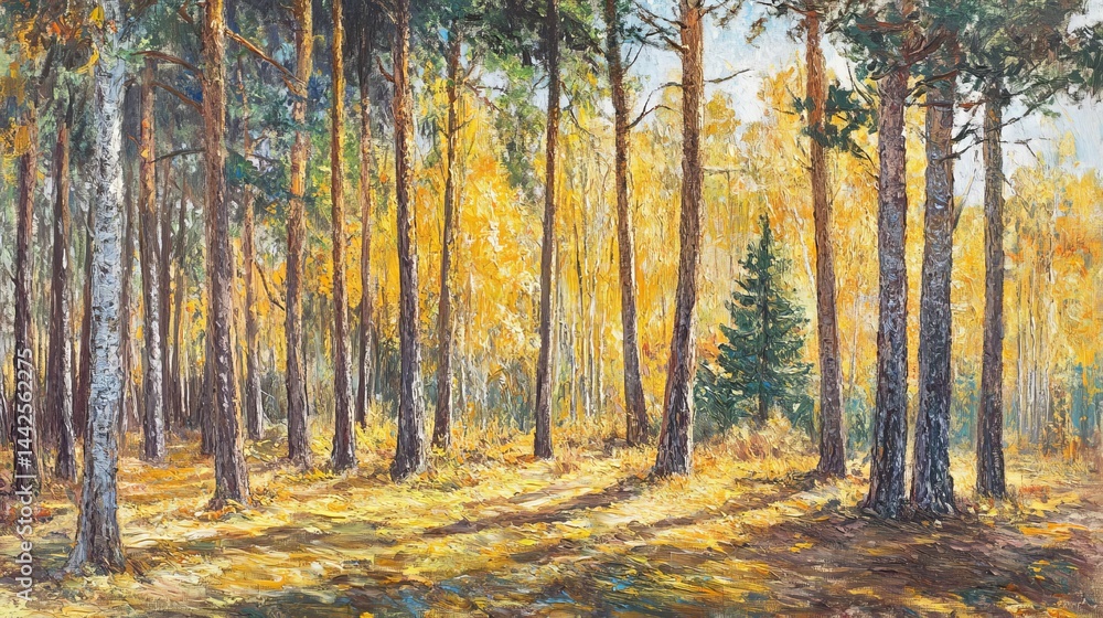 Fototapeta premium Golden autumn forest landscape sunlight trees nature scenery oil art park pine path calm woods birch