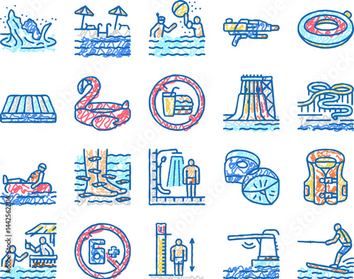 Water Park Attraction And Pool Icons hand drawn